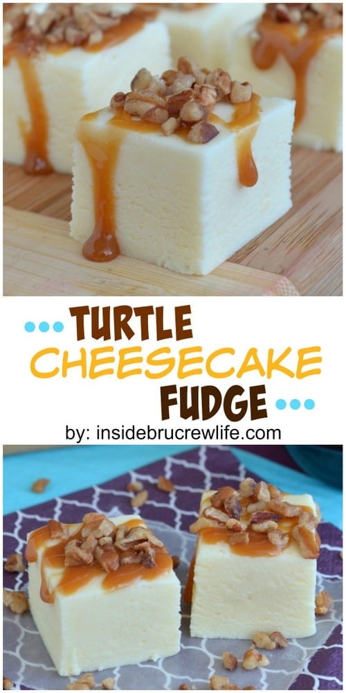 This easy cheesecake fudge is topped with caramel and pecans for a fun turtle taste!