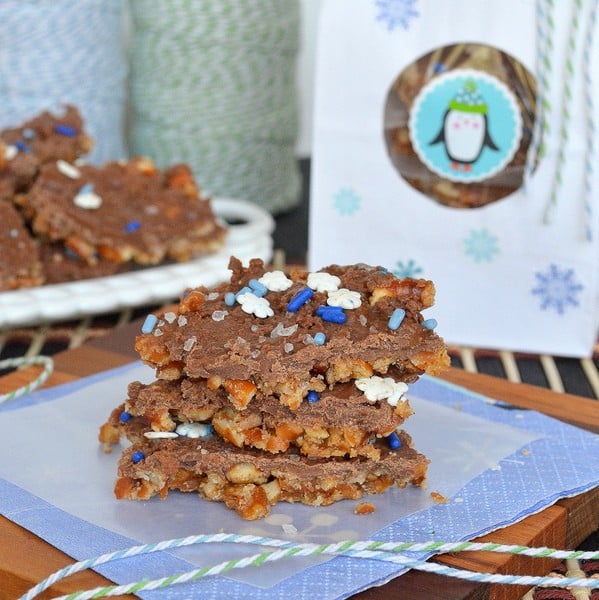 A very old picture of Salted Caramel Pretzel Bark on a blue napkin.