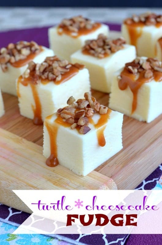 This easy cheesecake fudge is topped with caramel and pecans for a fun turtle taste!
