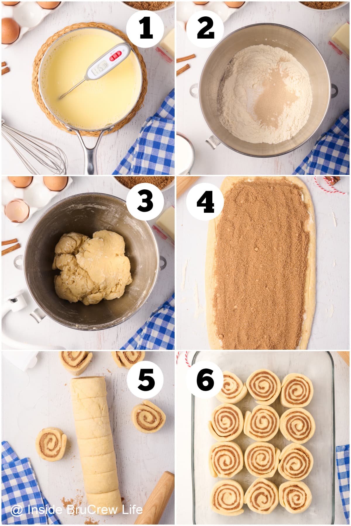 Six pictures collaged together showing the steps to make sweet rolls.