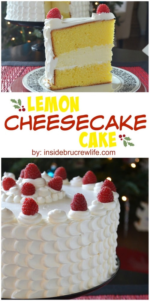 Lemon cake layers filled with a vanilla cheesecake makes an impressive holiday cake.