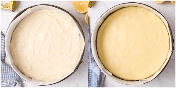 Two pictures of vanilla cheesecake being made collaged together.