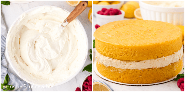 A picture of lemon cake and a bowl of frosting collaged together.
