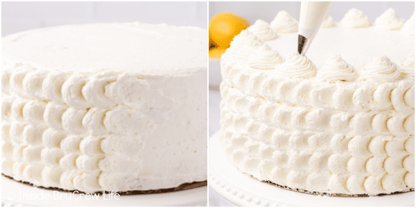 Two pictures collaged together showing how to frosting a cake with fluffy frosting.