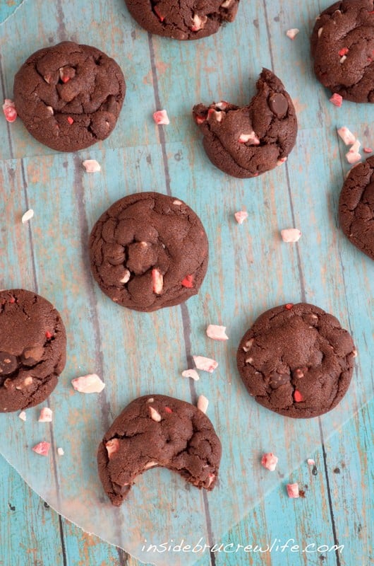 Peppermint Mocha Pudding Cookies - peppermint and chocolate chips make these soft chocolate cookies so good. Great recipe for Christmas parties!