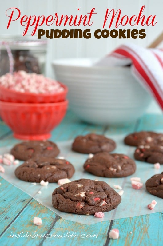 Peppermint Mocha Pudding Cookies - These chocolate fudge cookies filled with peppermint crunch chips will not last long.