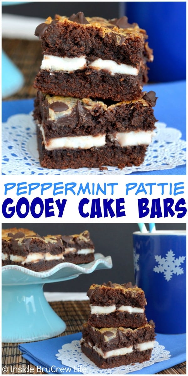 Peppermint Patty Gooey Cake Bars - easy cake bars filled with chocolate mint candy bars. Delicious and easy dessert recipe when you are craving chocolate!