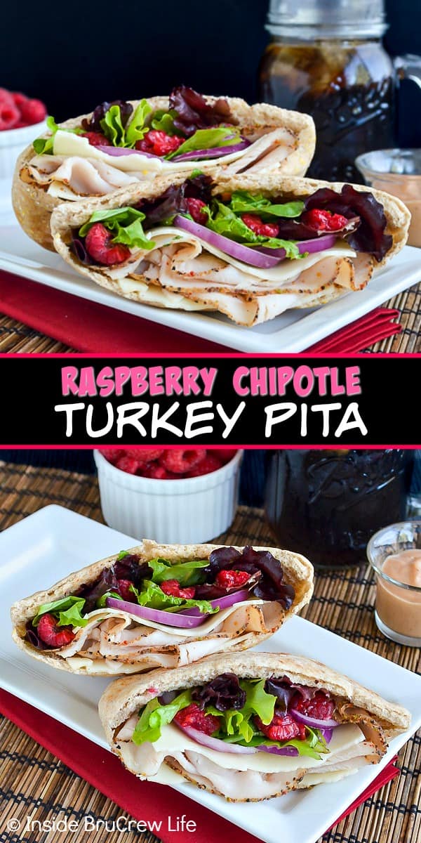 Two pictures of raspberry chipotle turkey pita collaged with a black text block