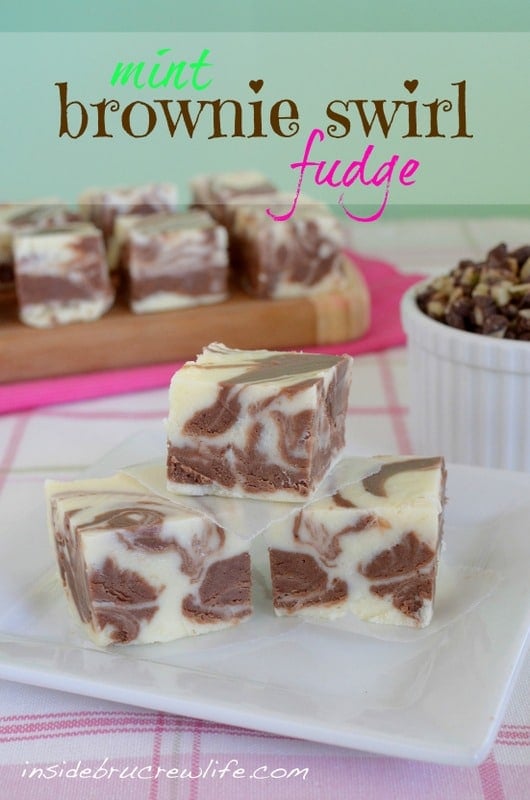 Mint Brownie Swirl Fudge on a white plate.