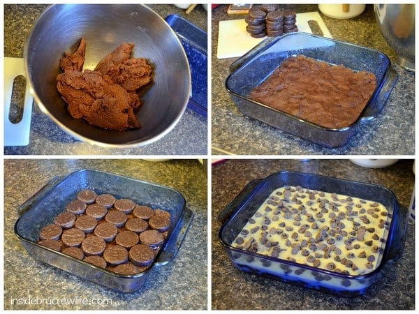 A collage of pictures showing How to make Peppermint Patty Gooey Cake Bars