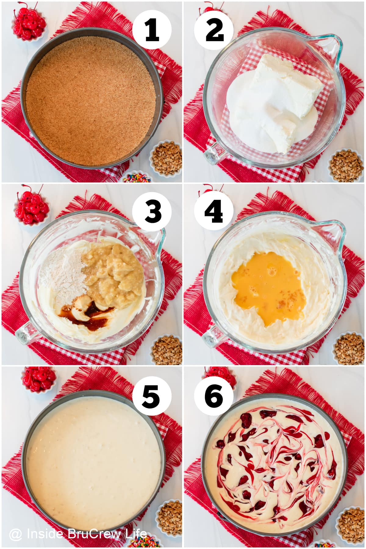 Six pictures collaged together showing how to make a banana cheesecake with strawberry pie filling swirls.