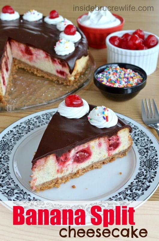 Banana cheesecake swirled with strawberry pie filling and topped with chocolate ganache. This is amazing!