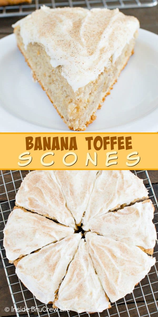 Banana Toffee Scones - these soft and flakey banana scones have toffee bits inside and cinnamon sugar frosting. Make this awesome recipe for breakfast or brunch. #banana #scones #breakfast #toffee