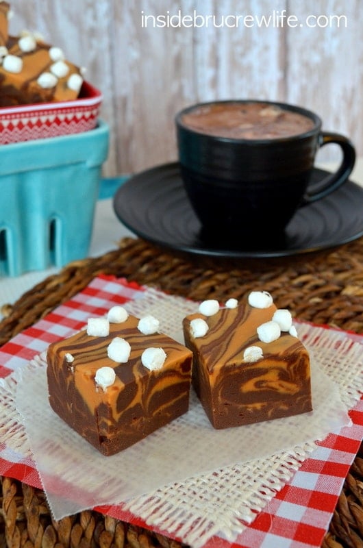 Hot chocolate fudge swirled with caramel fudge and topped with mini marshmallows