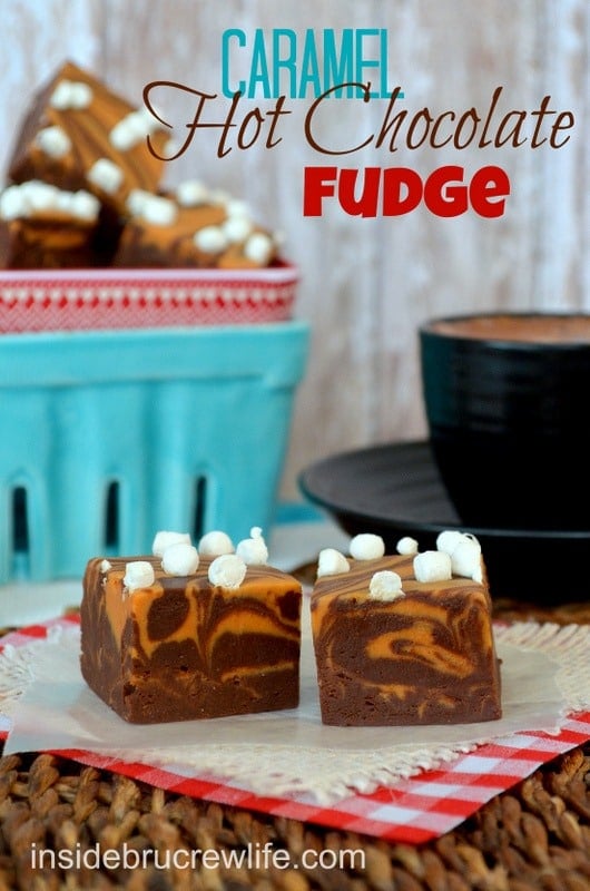 Hot chocolate fudge swirled with caramel fudge and topped with mini marshmallows