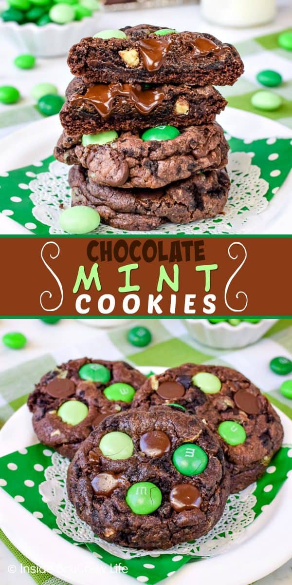 2 pictures of chocolate mint cookies with green candies separated by box of text.