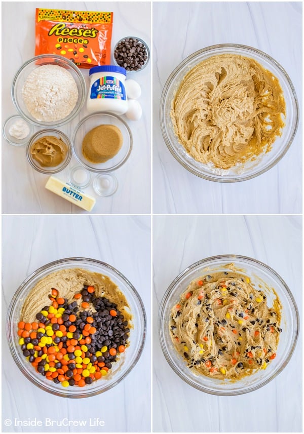 Four pictures collaged together showing how to make the batter for peanut butter blonde brownies