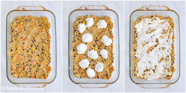 Three pictures collaged together showing the batter and marshmallow fluff in a pan