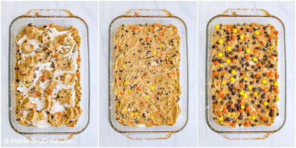 Three pictures collaged together of peanut butter blonde brownie batter in a pan with marshmallow, chocolate chips, and Reese's Pieces on top