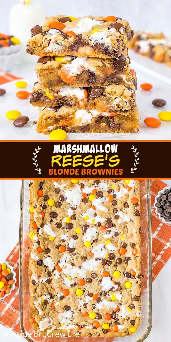 Two pictures of Marshmallow Reese's Blonde Brownies collaged together with a dark brown text box