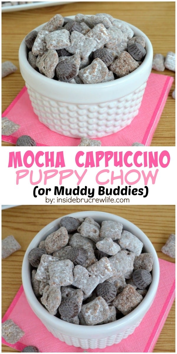 Two pictures of mocha puppy chow collaged with a white text box.