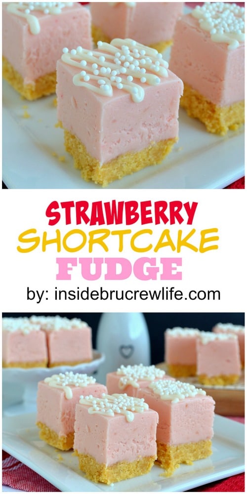 Two pictures of strawberry shortcake fudge collaged together with a white text box