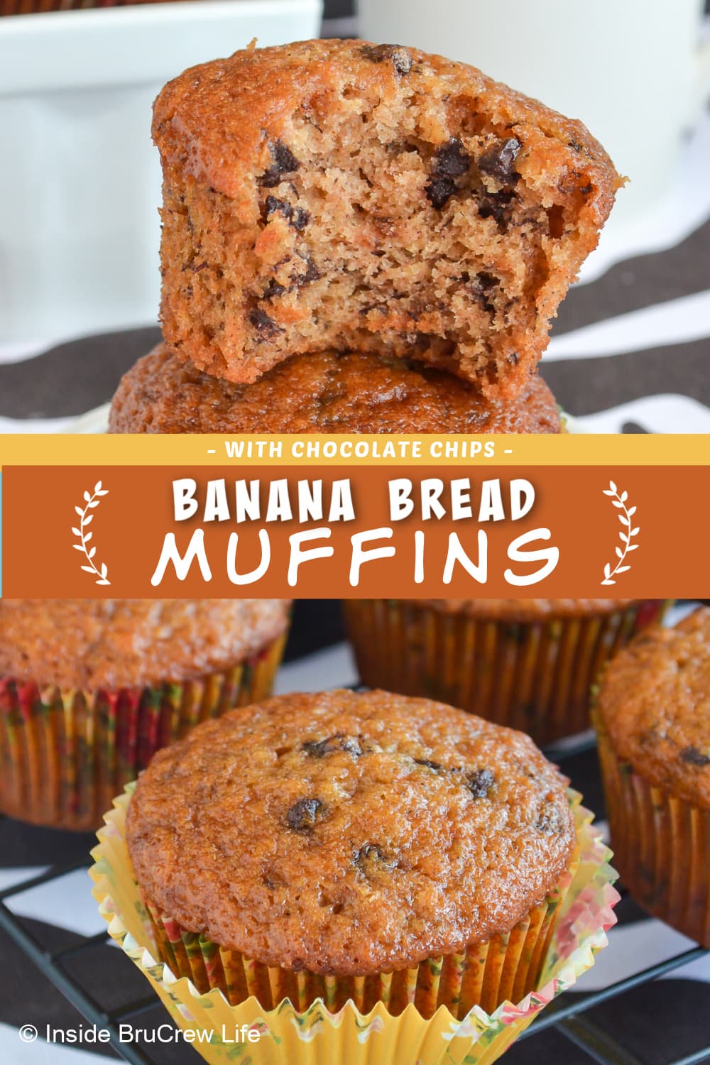 Two pictures of Banana Bread Muffins with a brown text box.