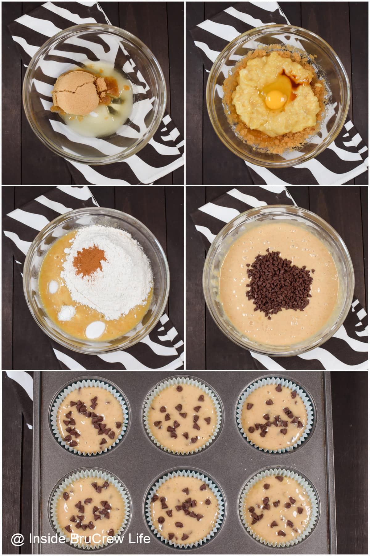 Five pictures collaged together showing how to make muffin batter and put it in muffin tins.