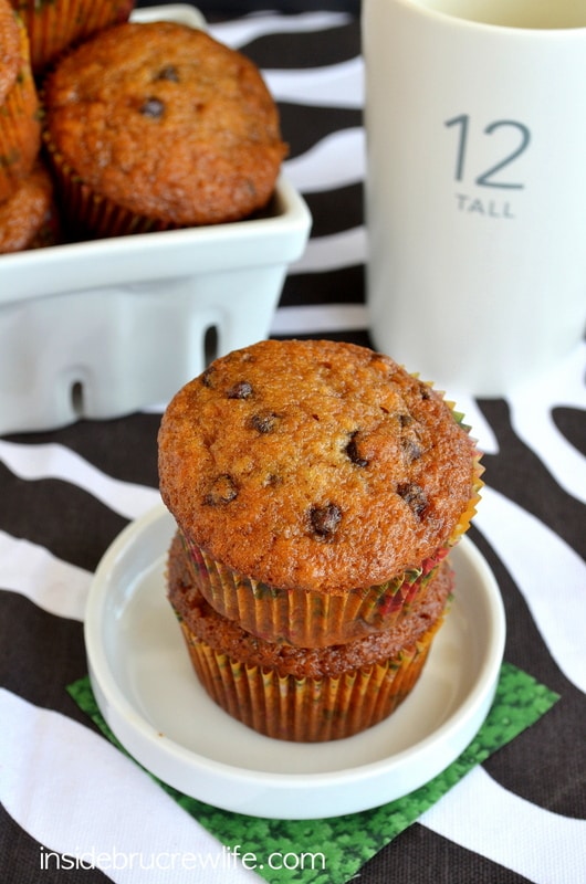 Adding chocolate chips makes these banana bread muffins one of our absolute favorite breakfast muffins.