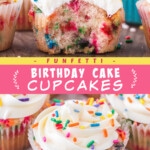 Two pictures of birthday cake cupcakes collaged with a pink text box.