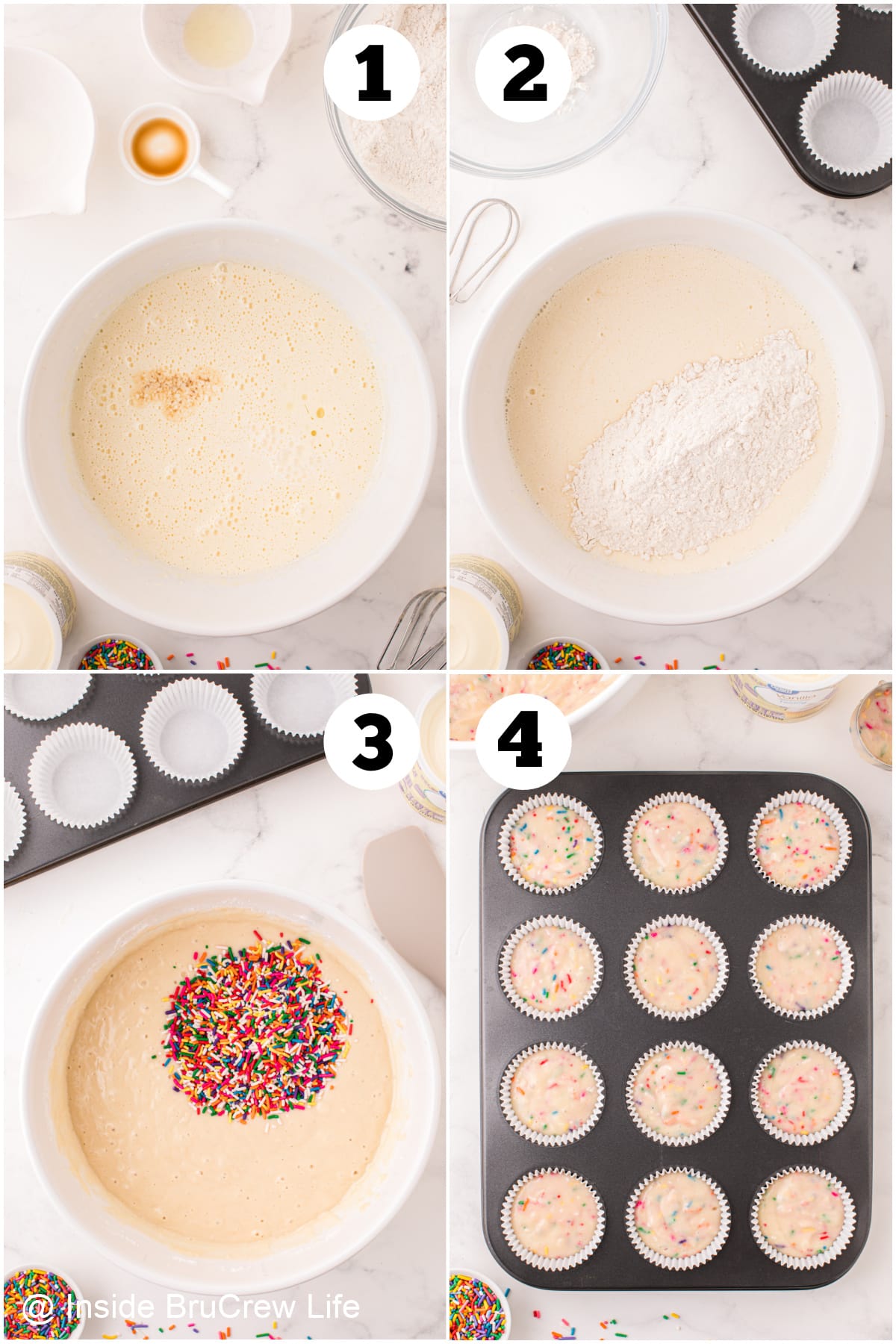 Four pictures collaged together showing how to make homemade funfetti cupcakes.