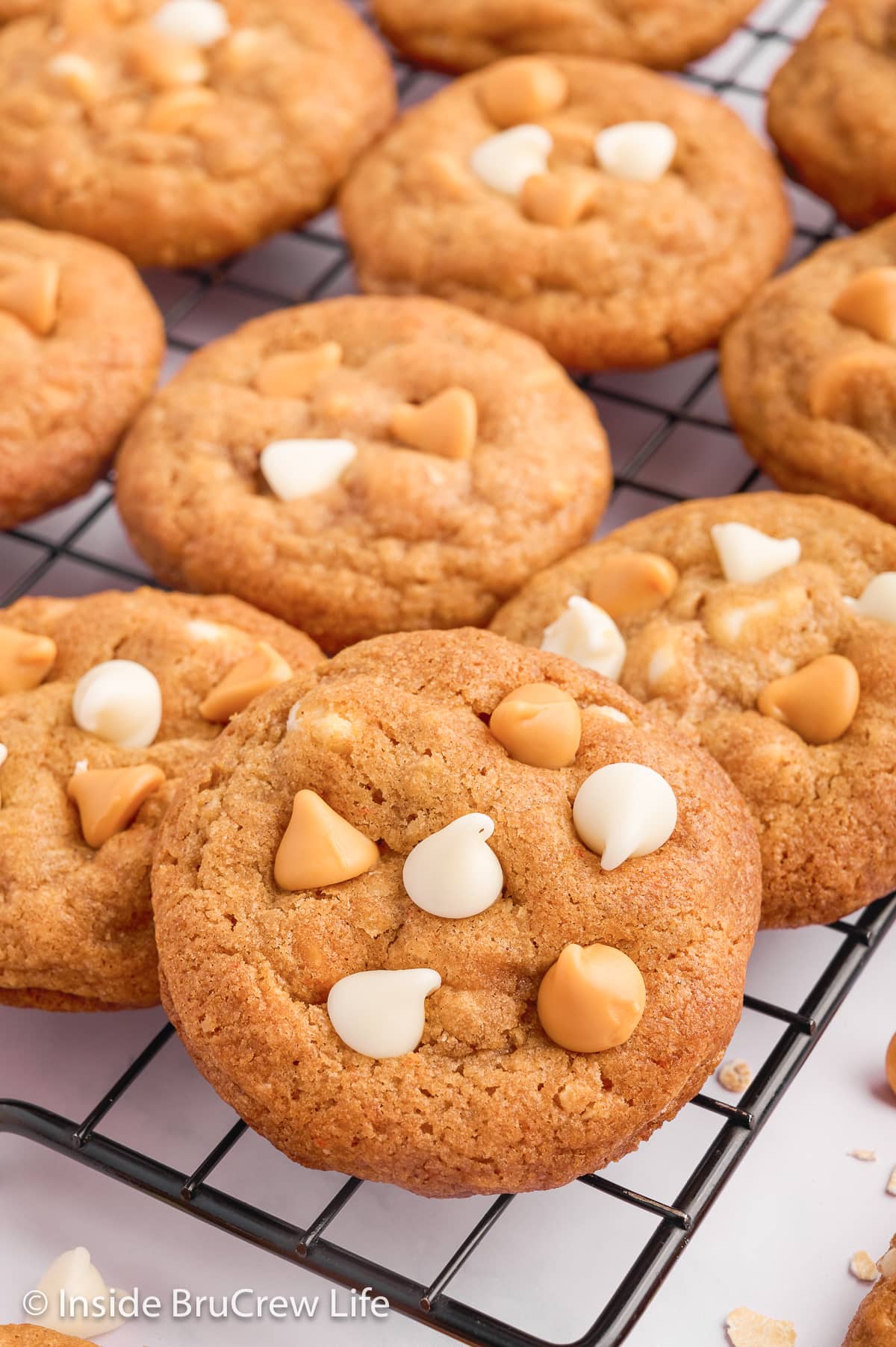 A close up of butterscotch cookies loaded with baking chips.