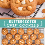 Two pictures of butterscotch chip cookies with a teal text box.