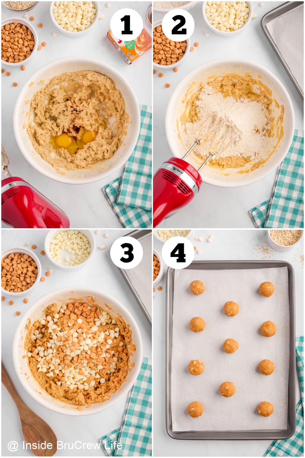 Four pictures collaged together showing how to make pudding cookies.