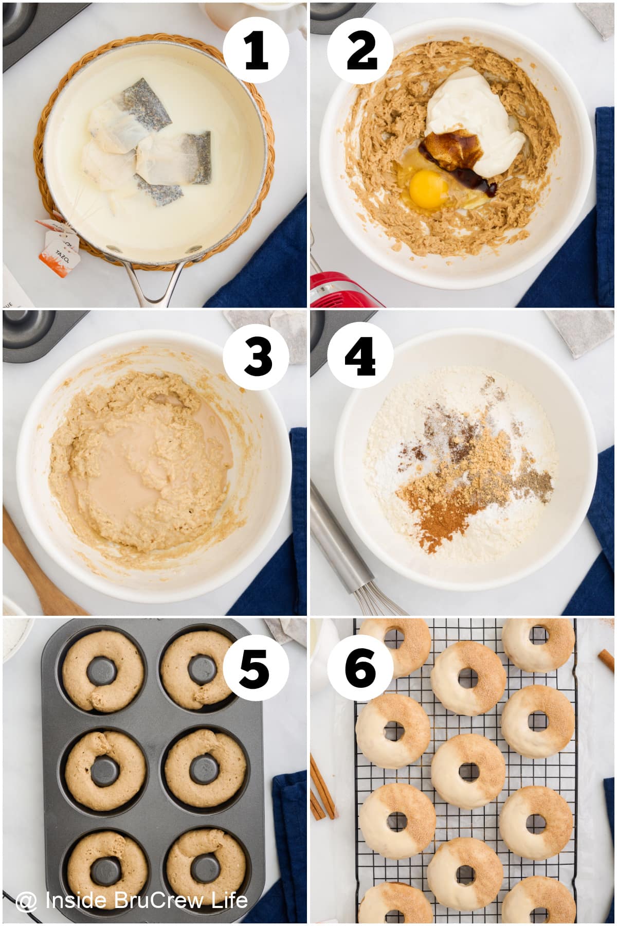 Six pictures collaged together showing how to make and glaze homemade donuts.