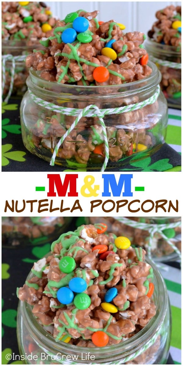 Adding Nutella and M&M candies to popcorn makes a fun sweet and salty treat!
