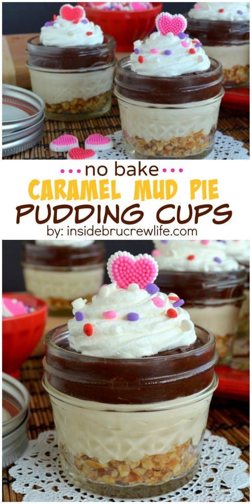 No Bake Caramel Mud Pie Cups - pretzel crust, caramel cheesecake, and chocolate pudding makes a fun treat!
