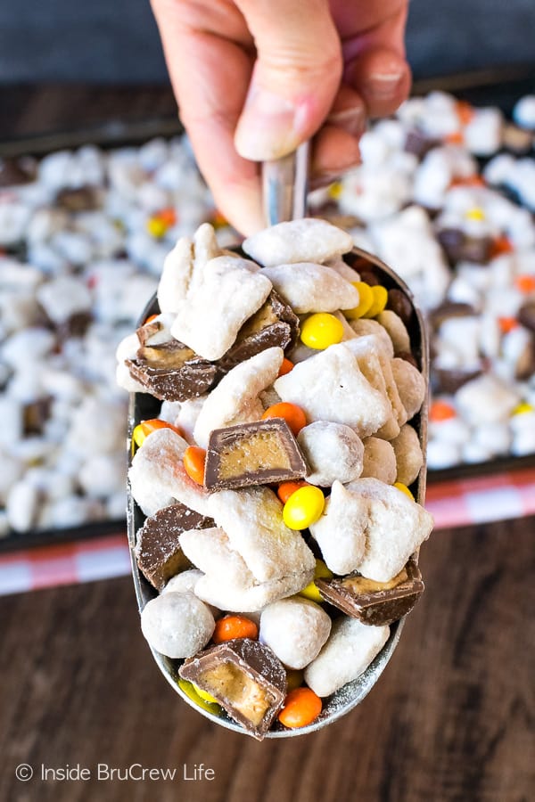 Peanut Butter Cup Puppy Chow - two kinds of cereal loaded with candies and powdered sugar. Easy snack mix recipe for parties. #nobake #peanutbutter #reesespeanutbuttercups #chexcereal #puppychow #muddybuddies