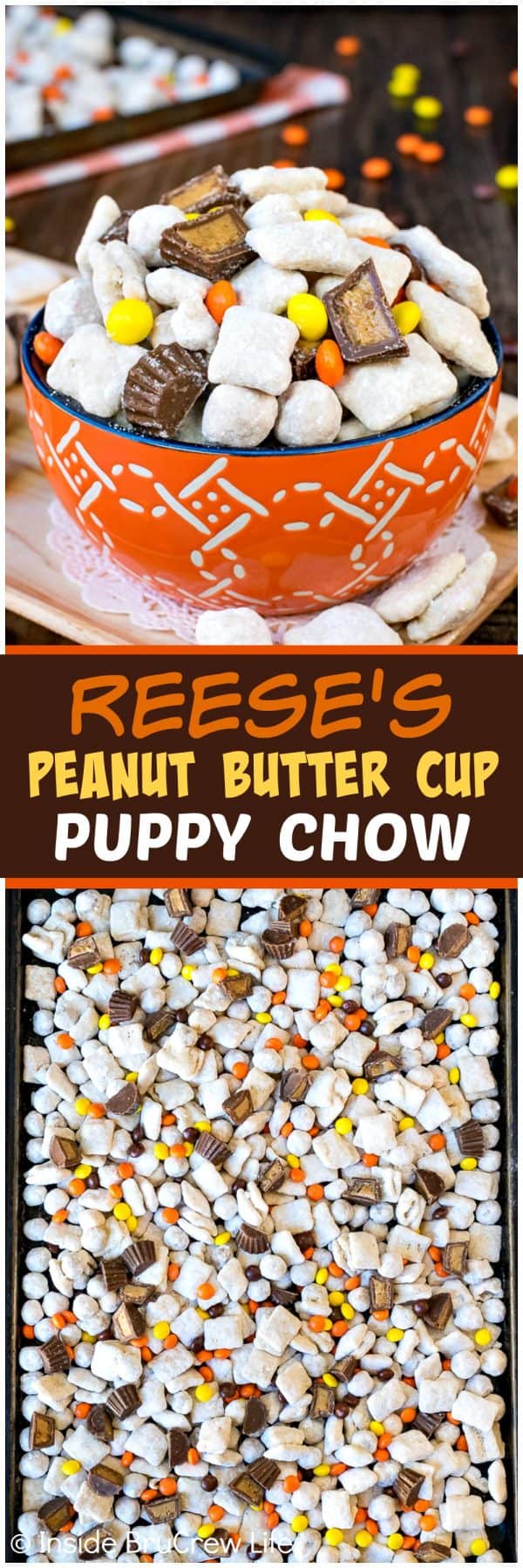 Peanut Butter Cup Puppy Chow - this easy snack mix is made with two kinds of cereal and peanut butter candies. Easy no bake recipe that is ready in minutes. Perfect for parties! #peanutbutter #snackmix #chexcereal #puppychow #muddybuddies #nobake #reesespeanutbuttercups