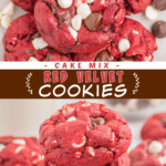 Two pictures of red velvet cake mix cookies collaged together with a brown text box.