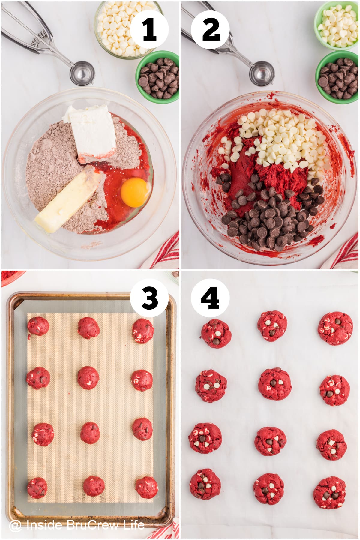 Four pictures collaged together showing how to make cake mix cookies.