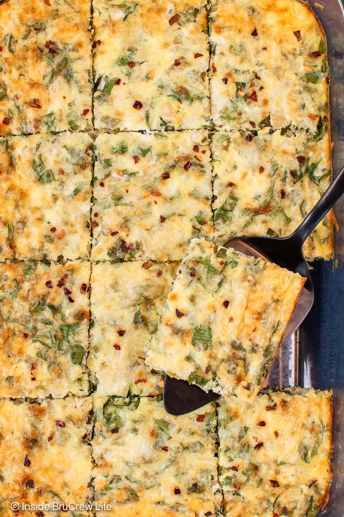Squares of egg bake in a glass dish.