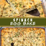 Two pictures of spinach egg bake collaged with a green text box.