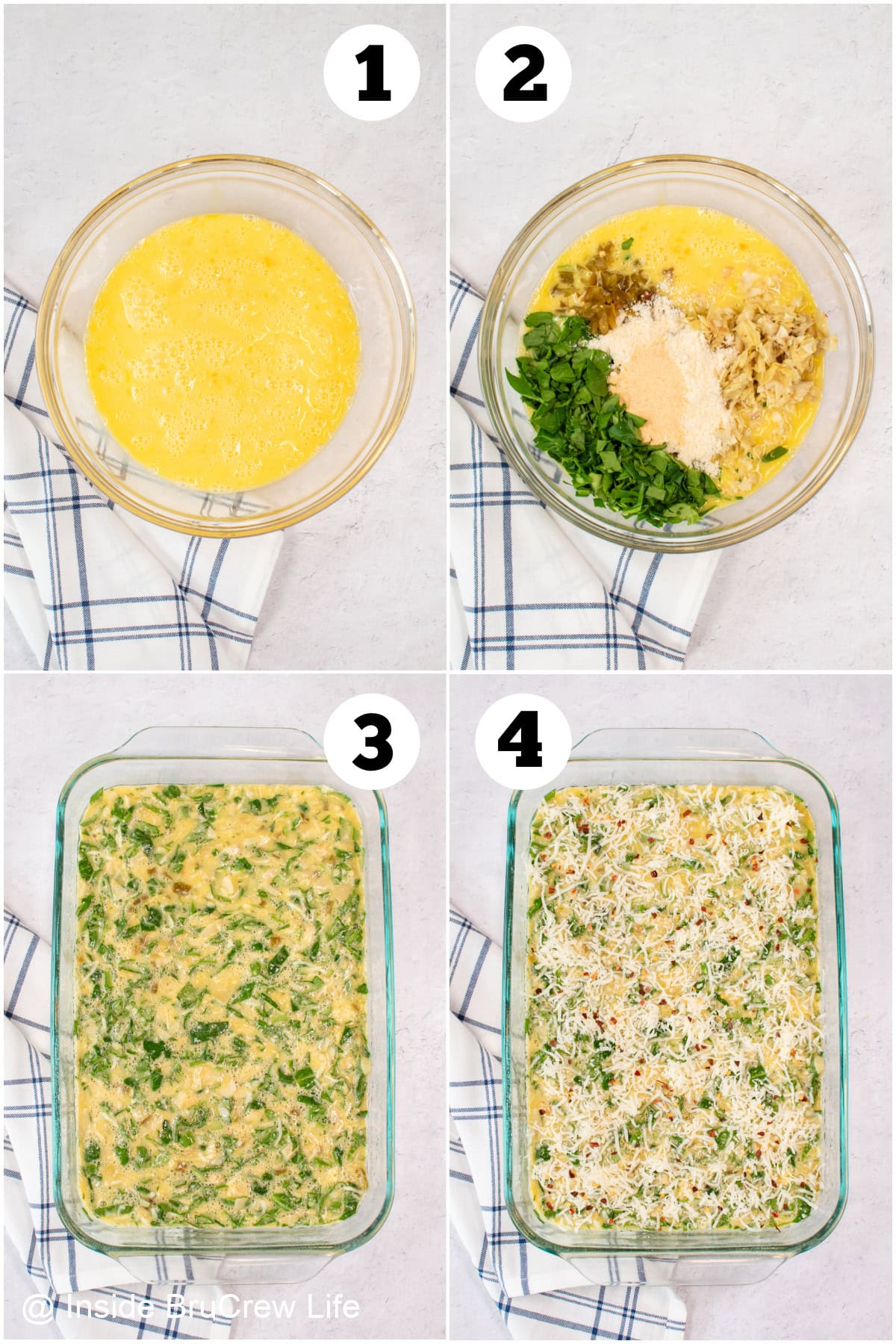 Four pictures collaged together showing how to make an egg bake.