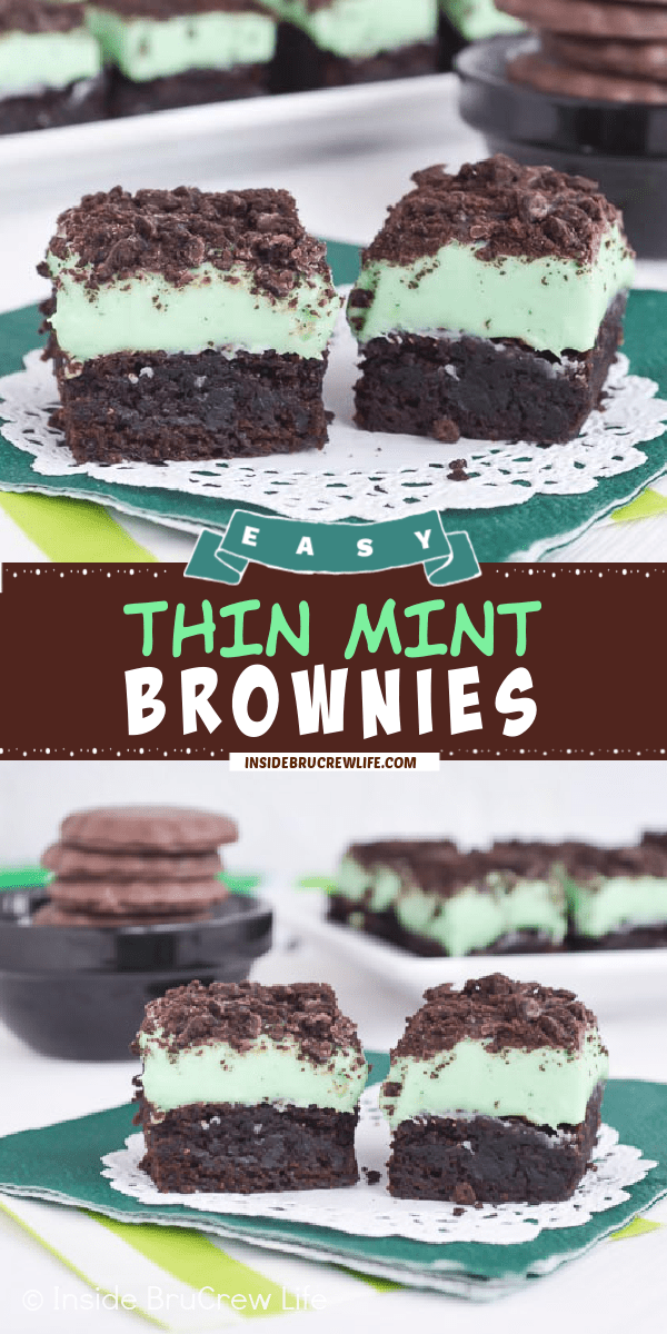 Two pictures of thin mint brownies collaged together with a brown text box.