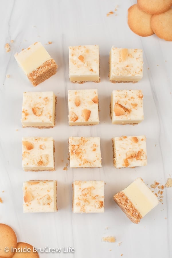 Squares of fudge lined up on a white board.