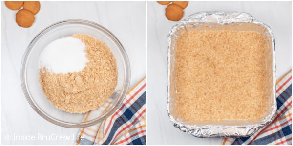 Two pictures collaged together showing how to make a Nilla wafer crust.