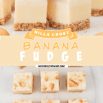 Two pictures of banana fudge collaged together with a yellow text box.