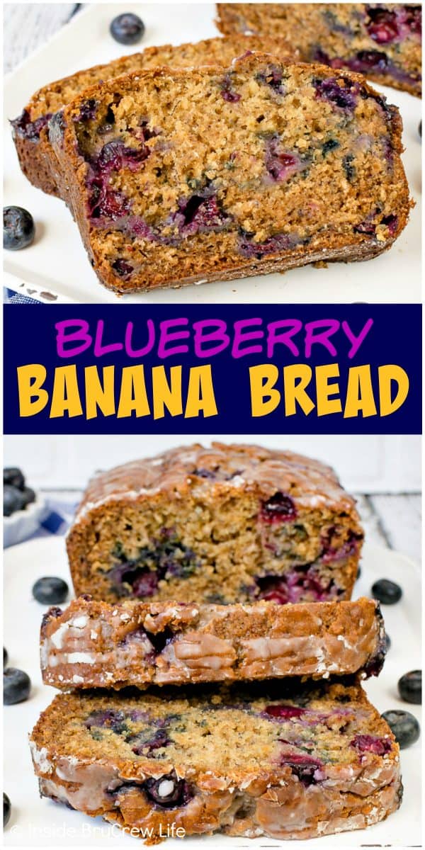 Blueberry Banana Bread - this easy banana bread is loaded with fresh blueberries and drizzled with a sweet glaze. Make this healthy recipe for breakfast or for an after school snack. #banana #blueberries #sweetbread #healthy #breakfast #bananabread #recipe