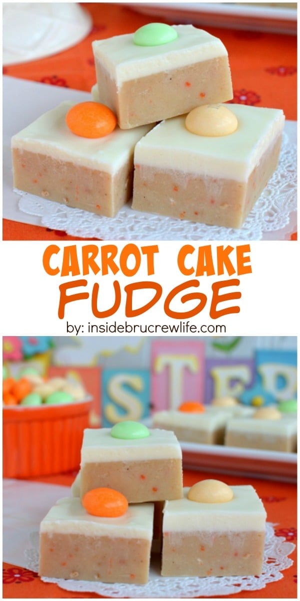 2 pictures of carrot cake fudge separated by a box of text.